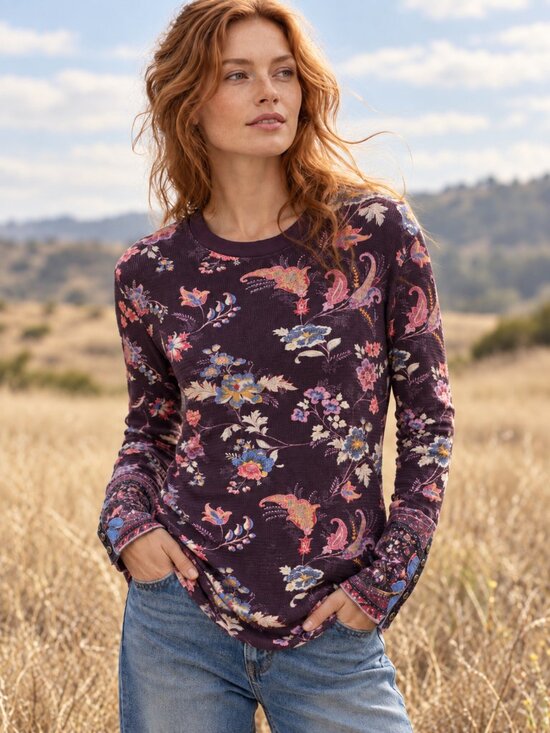 Sundance Tops - Sundance Waffle Knit Thermal Top Purple Floral  L Button Cuffs Boho